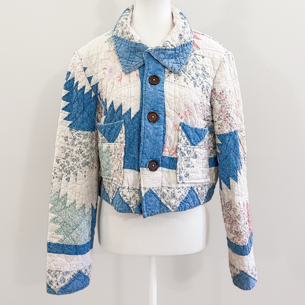 Vintage Patchwork Quilt Jacket Cropped Handmade Cottagecore Quilted Coat - Picture 2 of 5